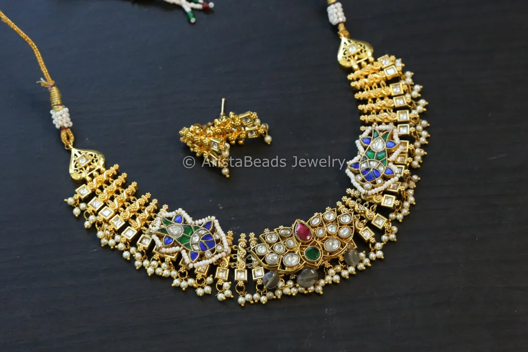 Gold Fusion Jadau Kundan Necklace Set - Style1