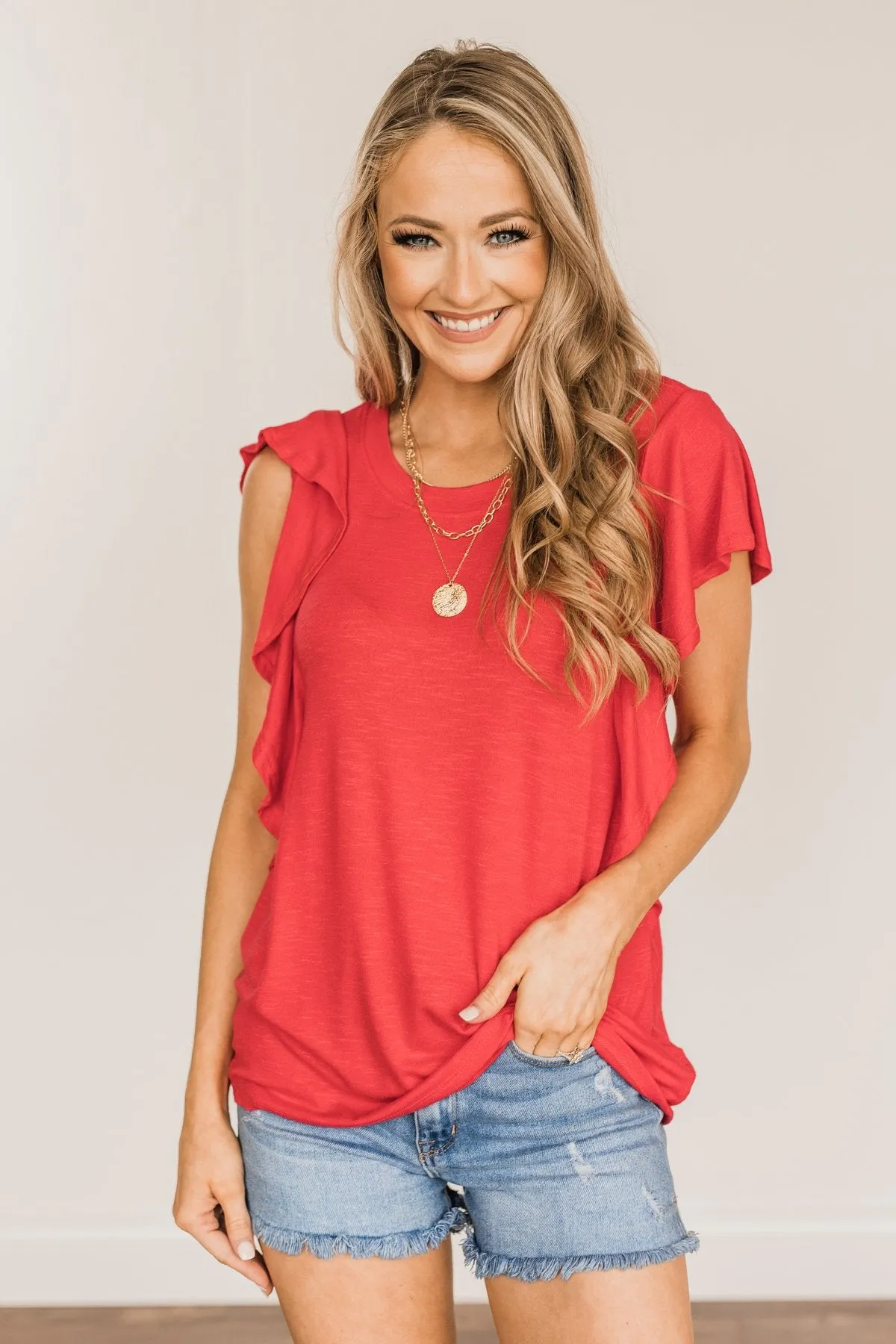 Gorgeous & Graceful Ruffle Top- Dark Coral