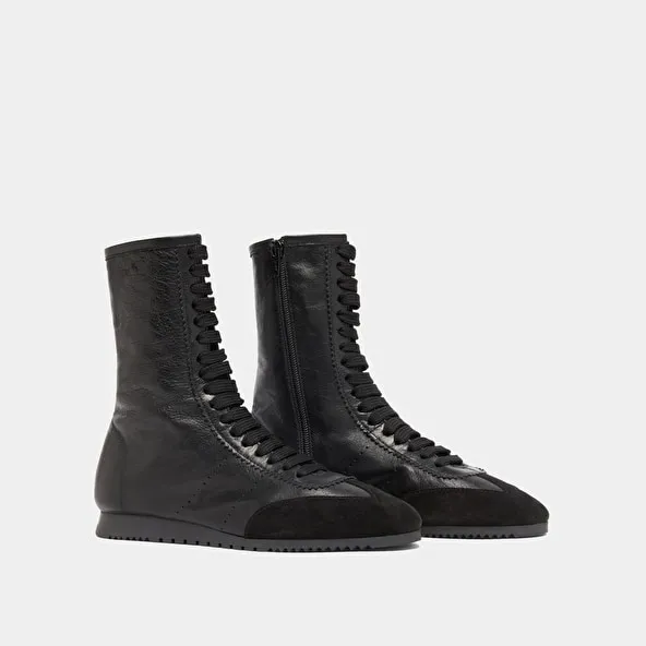 High lace-up sneakers in black suede and black leather