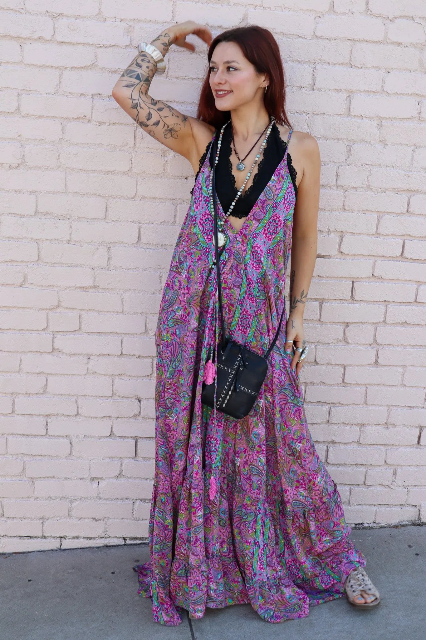 In the Flow Poly Silk Deep V  Maxi Dress