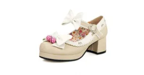 Khaki White Strawberry Bells Bow Lace Trim Lolita Sweet Mary Jane Heels Shoes