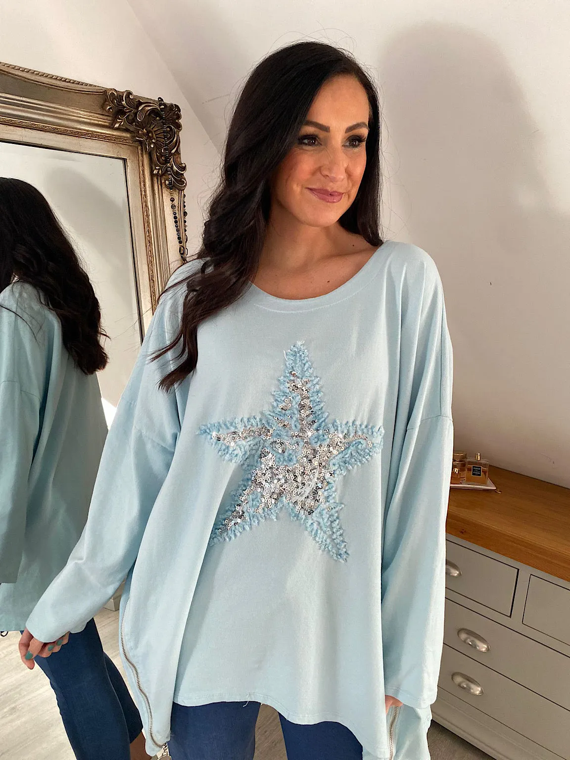 Light Blue Zip Detailed Star Sweat Top Sally