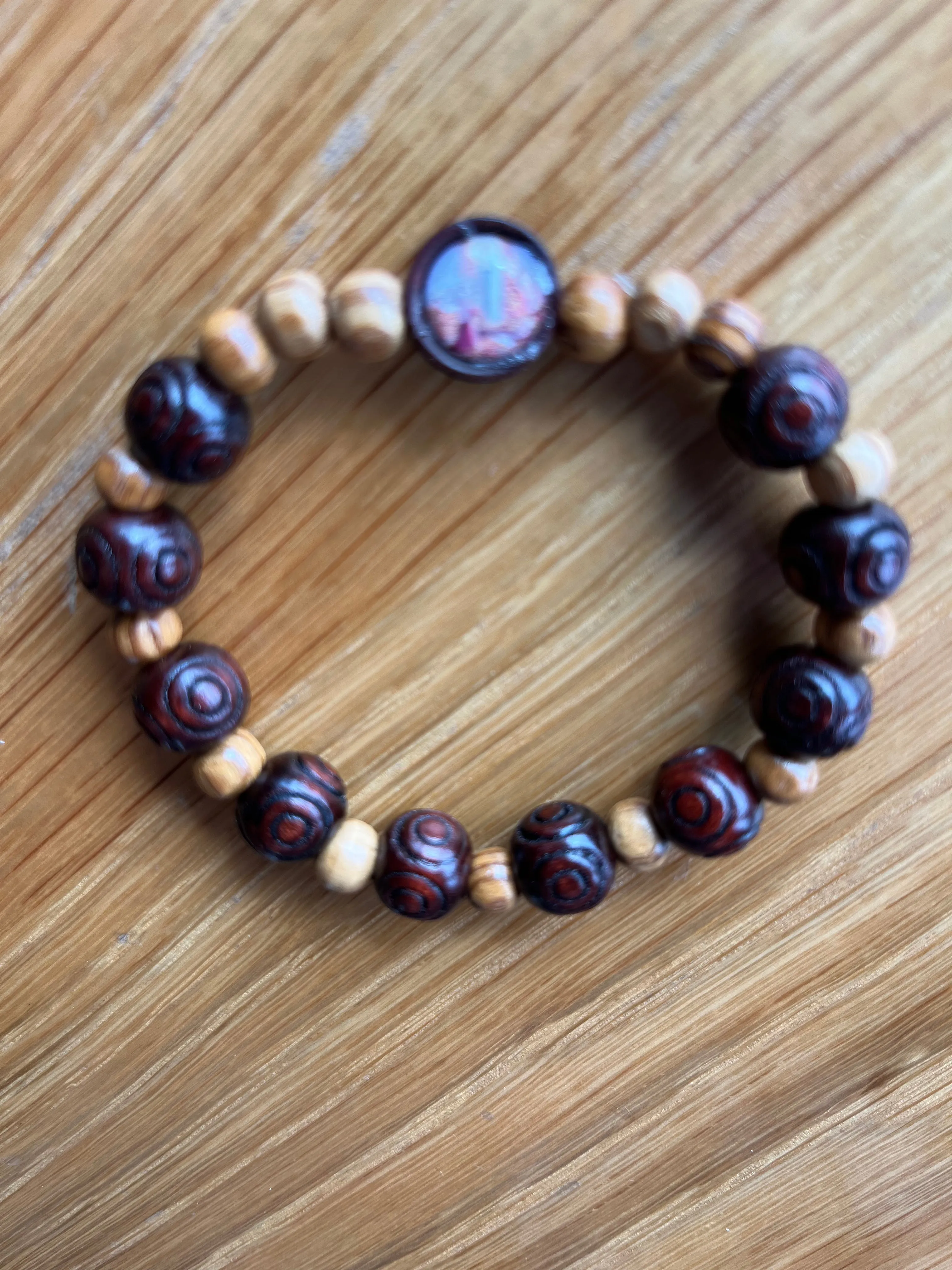 Lourdes Bracelet - Wooden Bracelet with Center Image of Our Lady of Lourdes