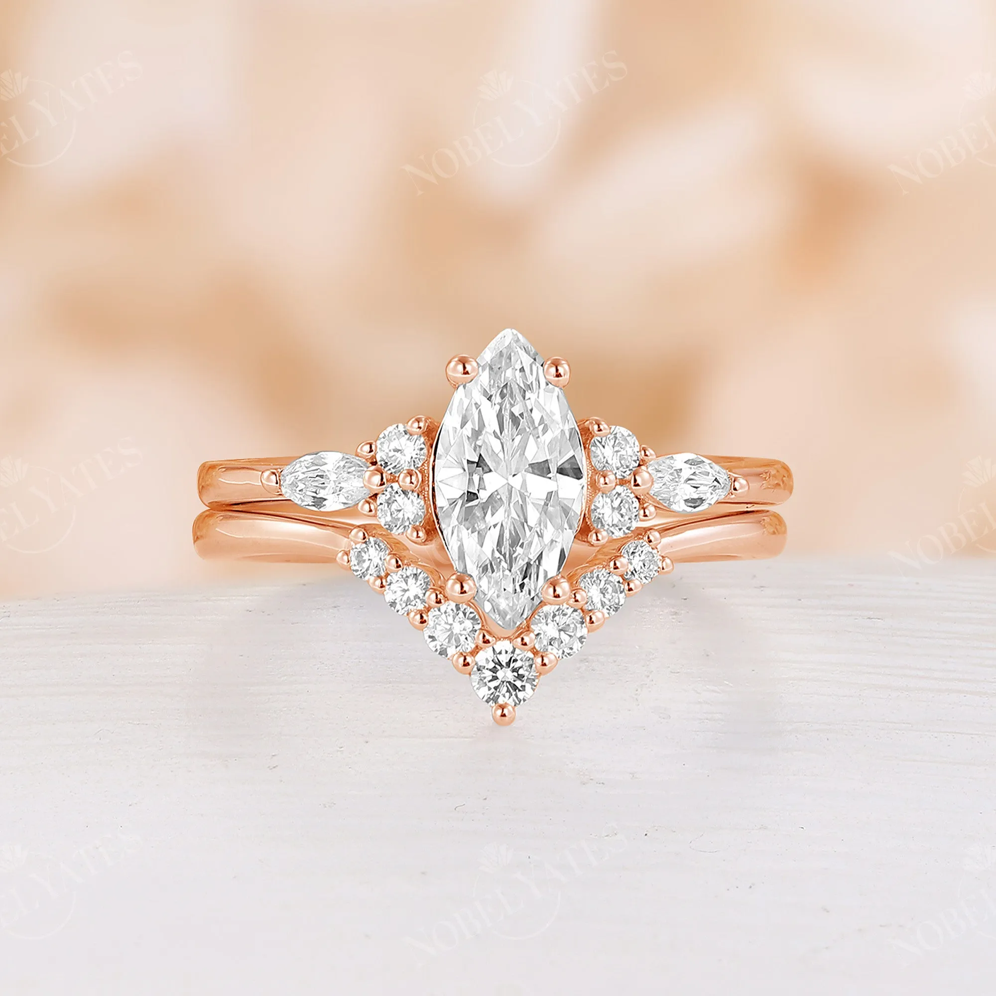 Marquise Moissanite Cluster Side Stones Engagement Ring Set