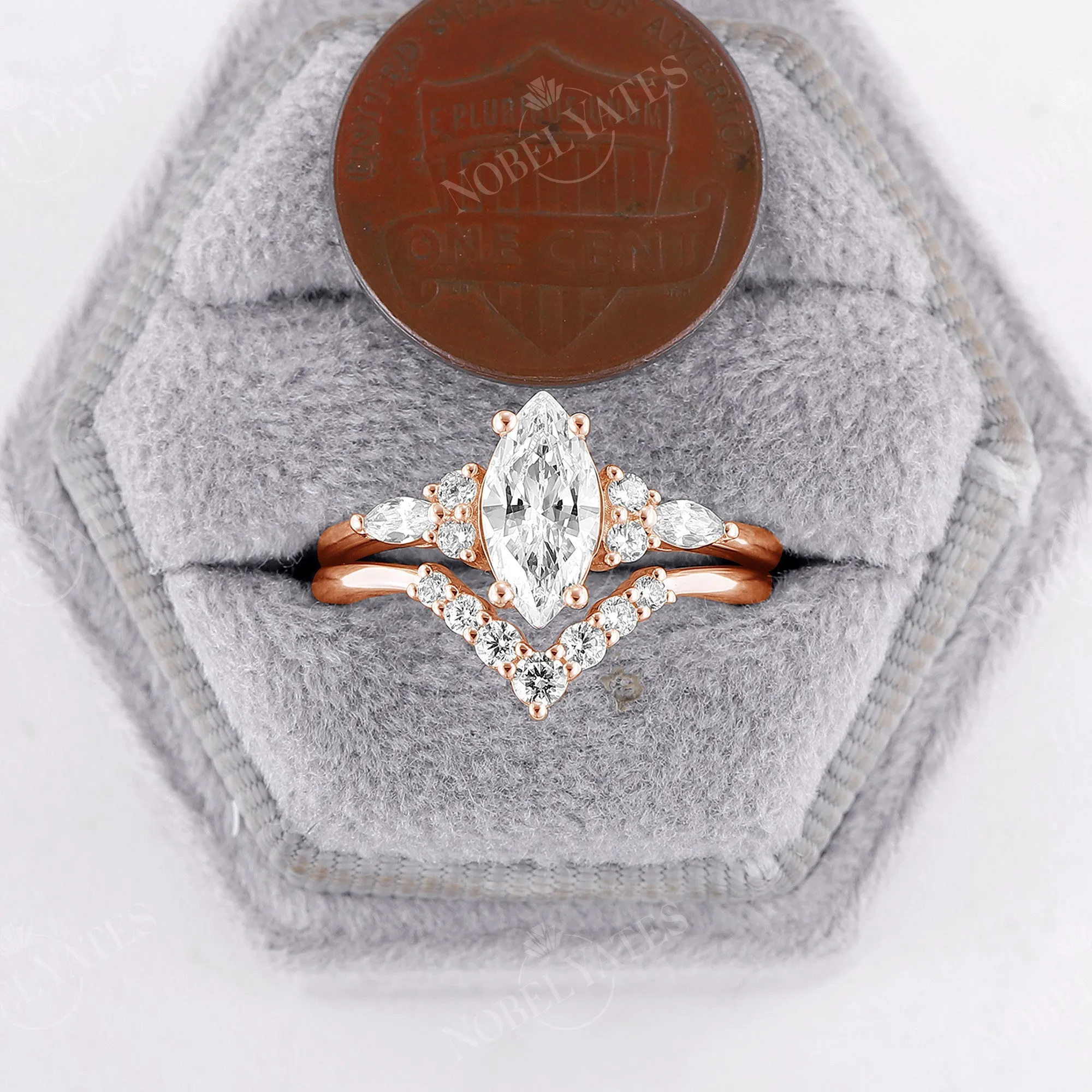 Marquise Moissanite Cluster Side Stones Engagement Ring Set