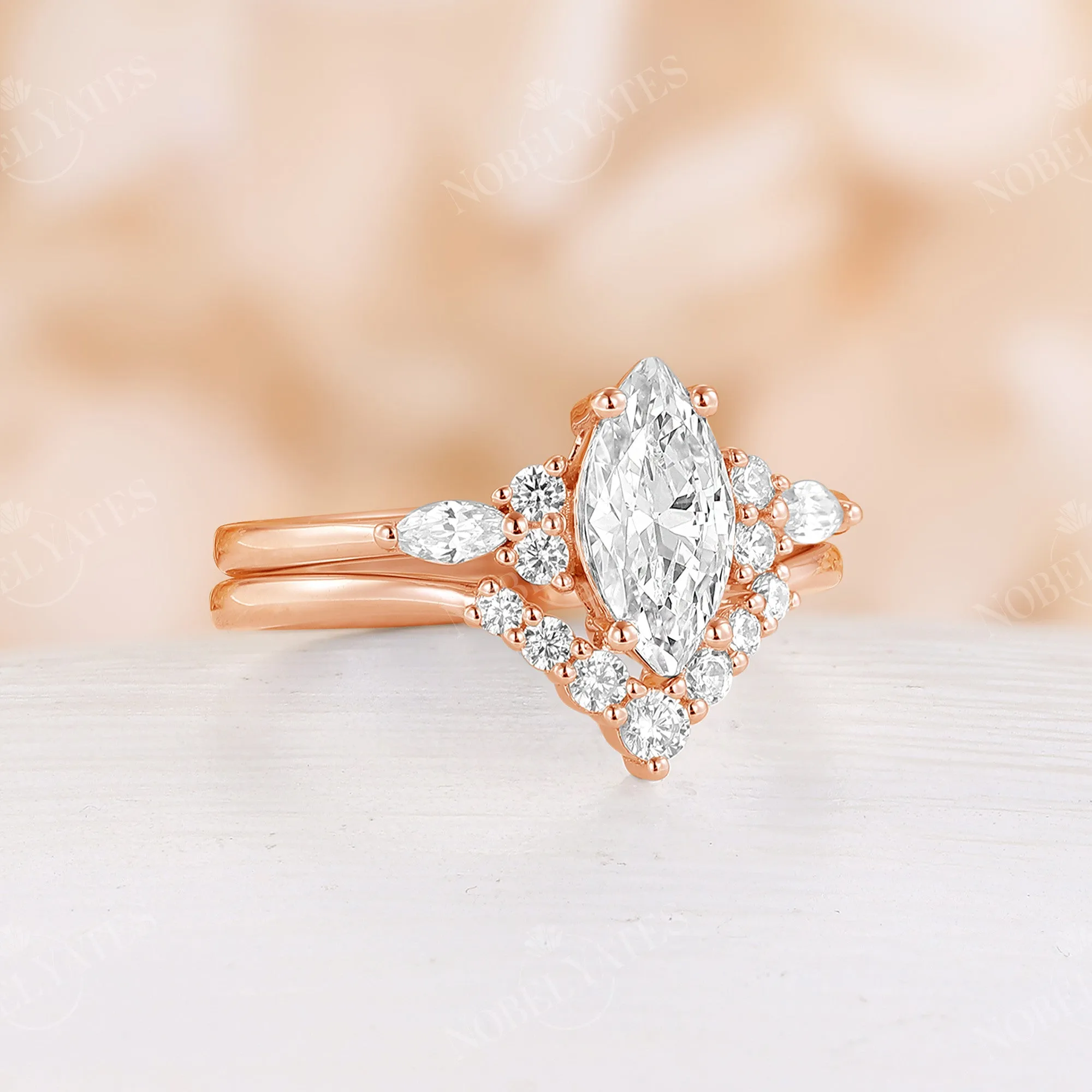 Marquise Moissanite Cluster Side Stones Engagement Ring Set