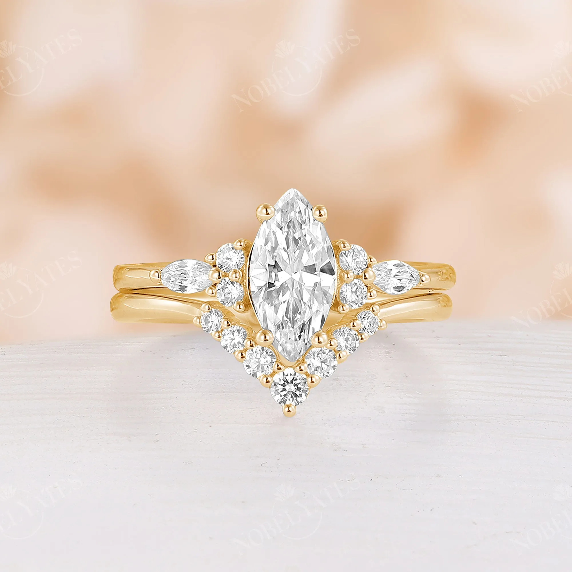 Marquise Moissanite Cluster Side Stones Engagement Ring Set