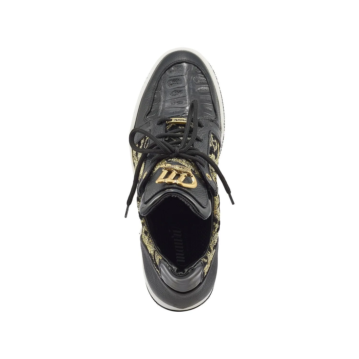 Mauri 8413 Hustler Men's Shoes Black & Gold Exotic Crocodile / Didier Fabric / Patent Leather Casual Sneakers (MA5364)