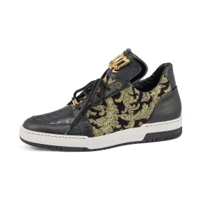 Mauri 8413 Hustler Men's Shoes Black & Gold Exotic Crocodile / Didier Fabric / Patent Leather Casual Sneakers (MA5364)