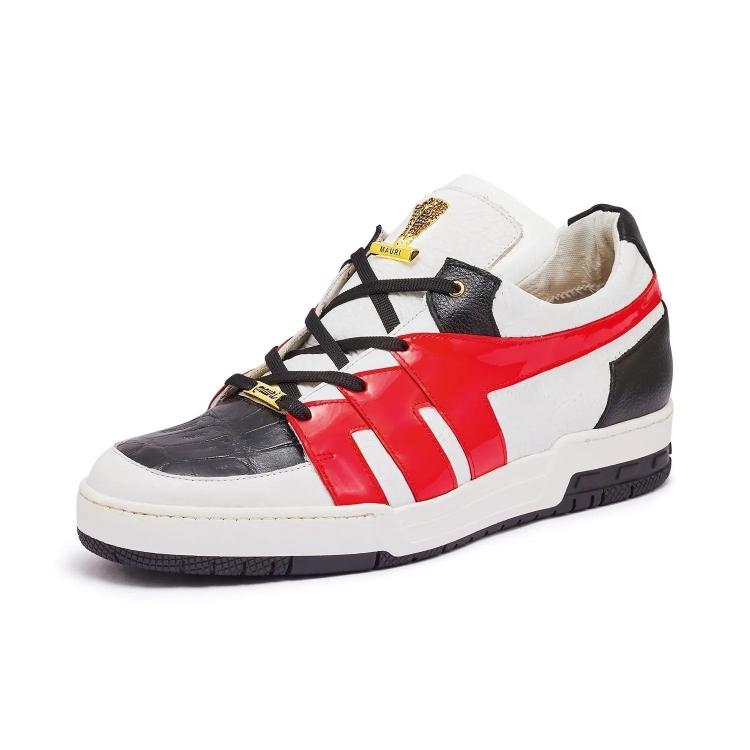 Mauri 8424 Outlaw Men's Shoes White, Black & Red Exotic Crocodile / Patent / Patent Leather Sneakers (MA5349)