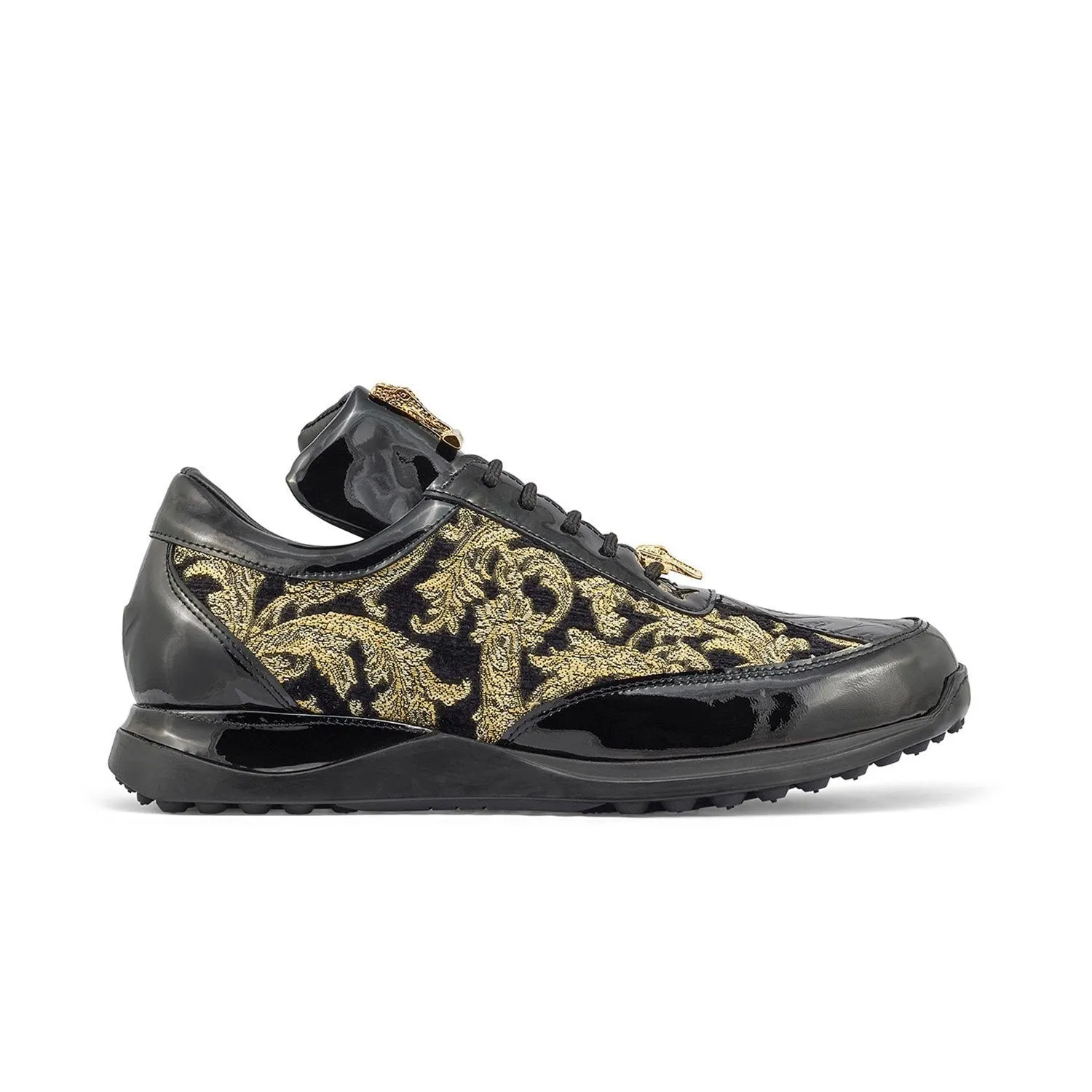 Mauri 8514 Blunt Men's Shoes Black & Gold Exotic Crocodile / Didier Fabric / Patent Leather Casual Sneakers (MA5365)