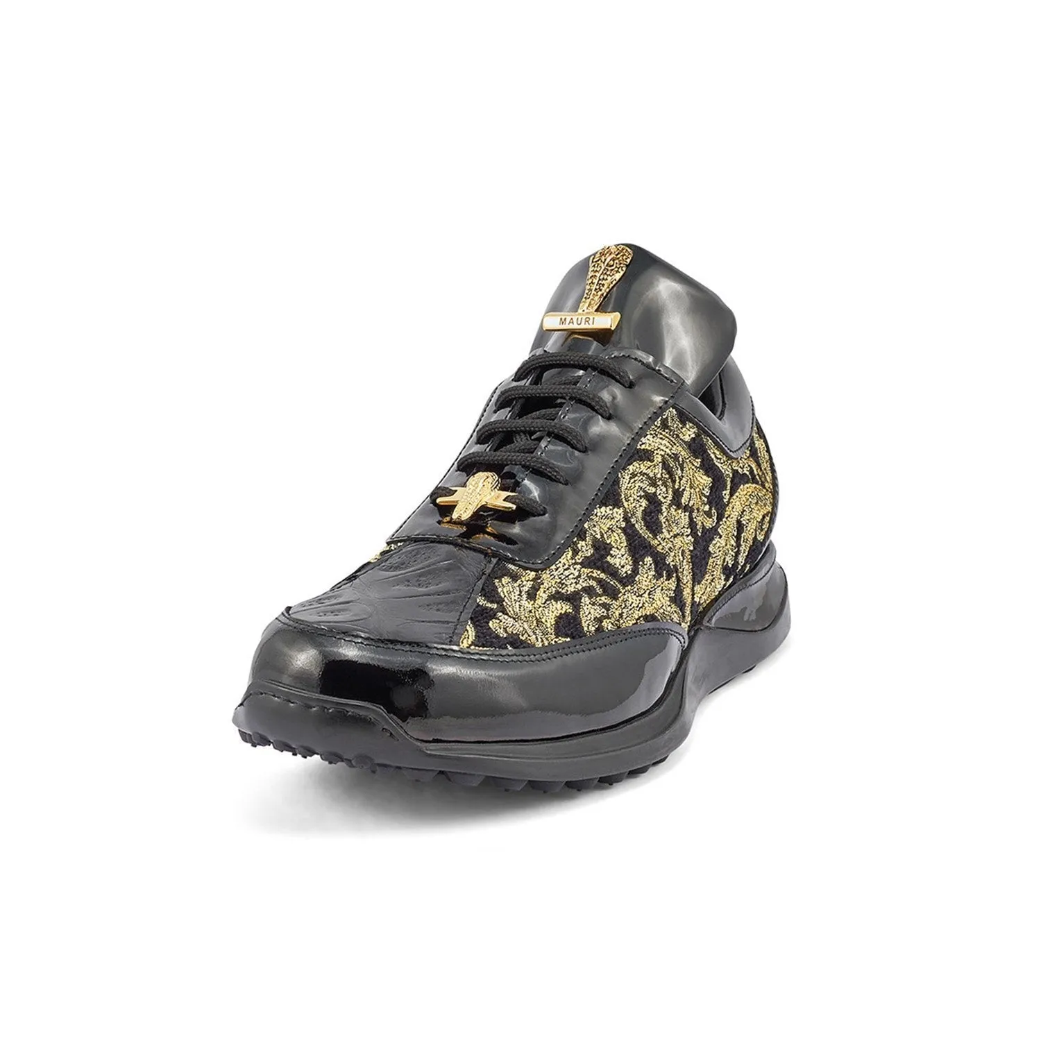 Mauri 8514 Blunt Men's Shoes Black & Gold Exotic Crocodile / Didier Fabric / Patent Leather Casual Sneakers (MA5365)