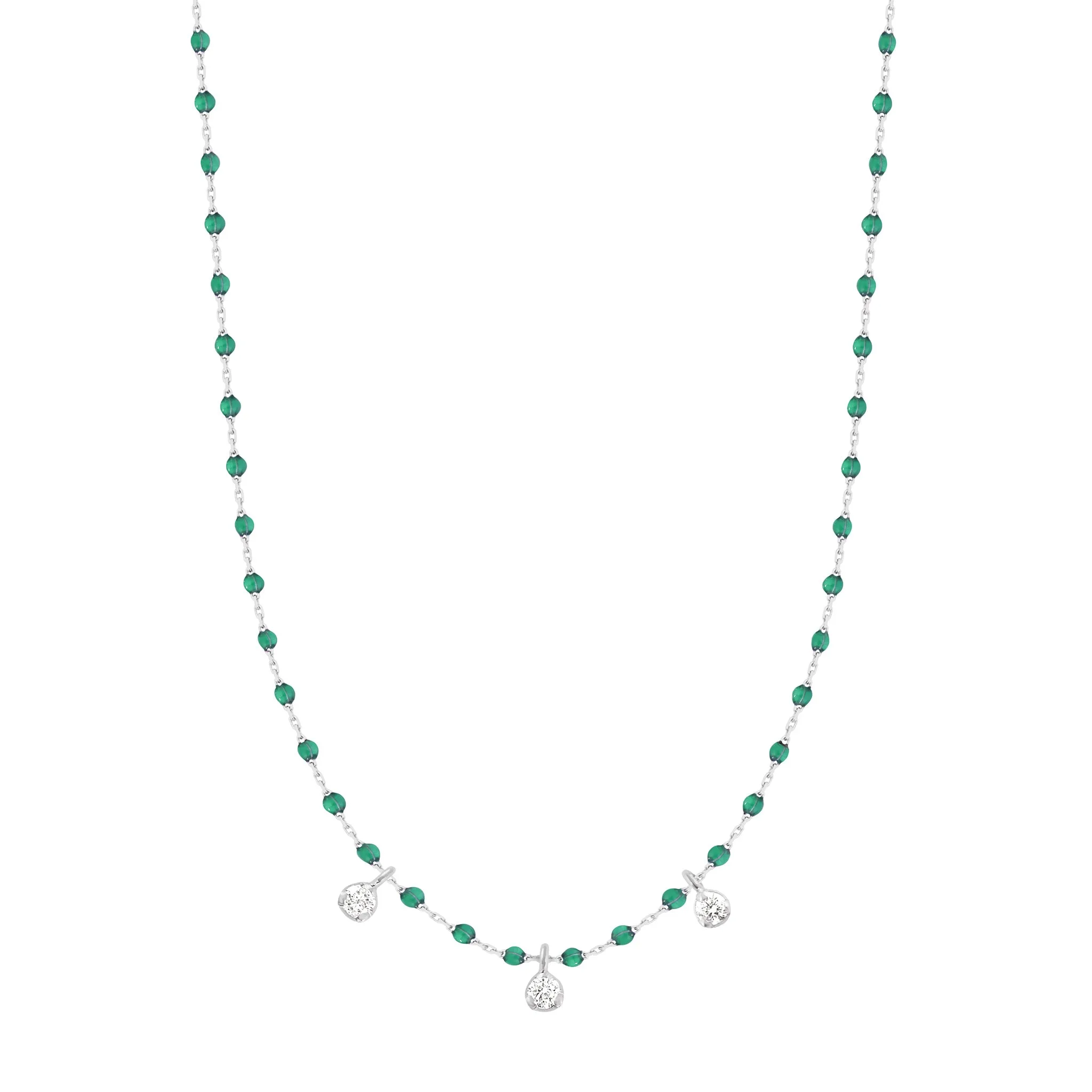 Mini Gigi Emerald necklace, White Gold 3 diamond, 16.5