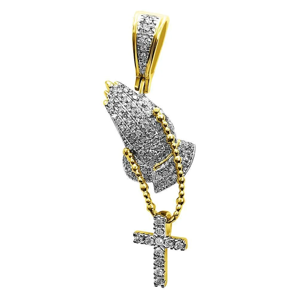 Mini Prayer Hands Cross Diamond Pendant .25cttw 10K Yellow Gold