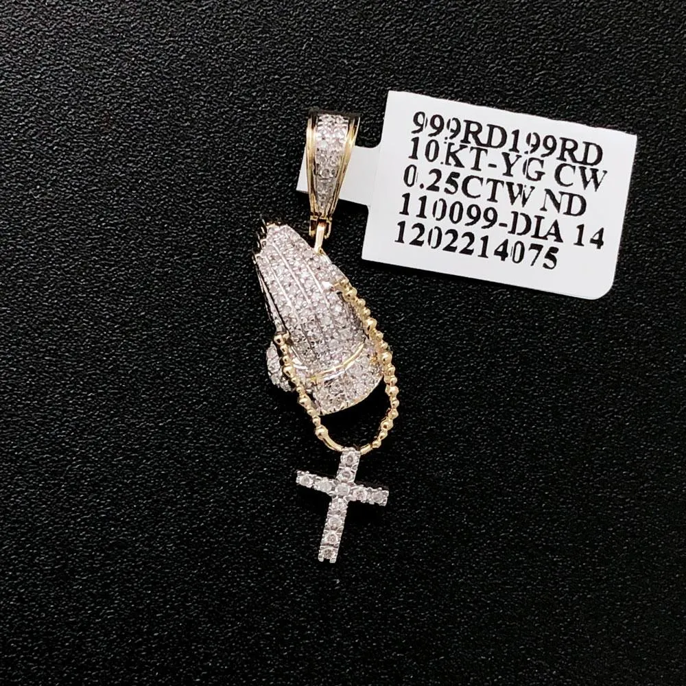 Mini Prayer Hands Cross Diamond Pendant .25cttw 10K Yellow Gold