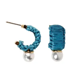 Mini Raffia and Pearl Huggie Hoops, Cornflower Blue