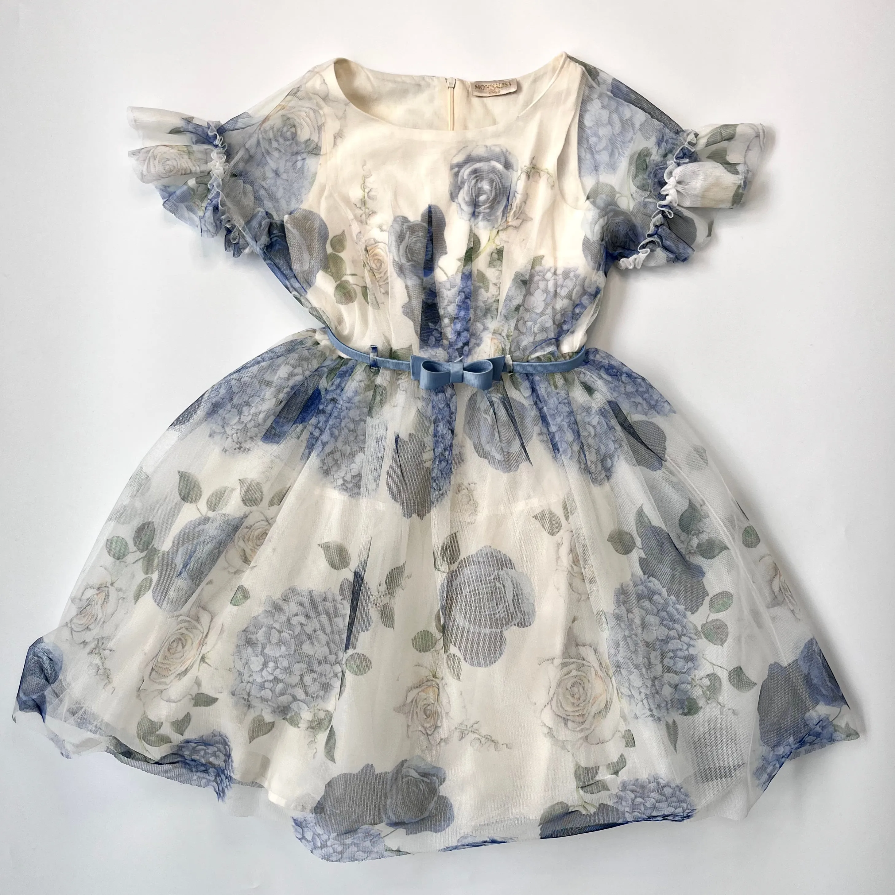 Monnalisa Blue Floral Print Tulle Dress: 6 Years & 10 Years