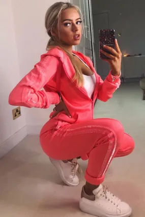 Neon Pink Glitter Side Stripe Crepe Tracksuit - Gionna