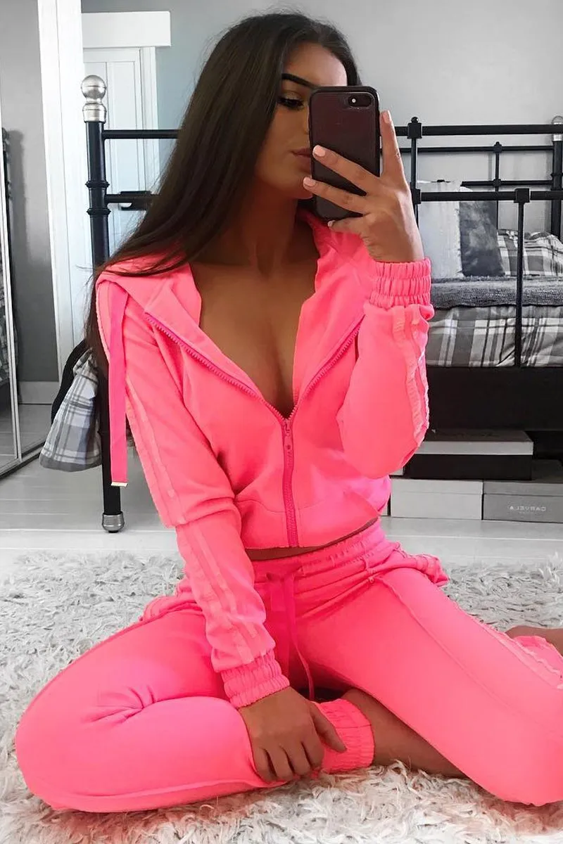 Neon Pink Glitter Side Stripe Crepe Tracksuit - Gionna