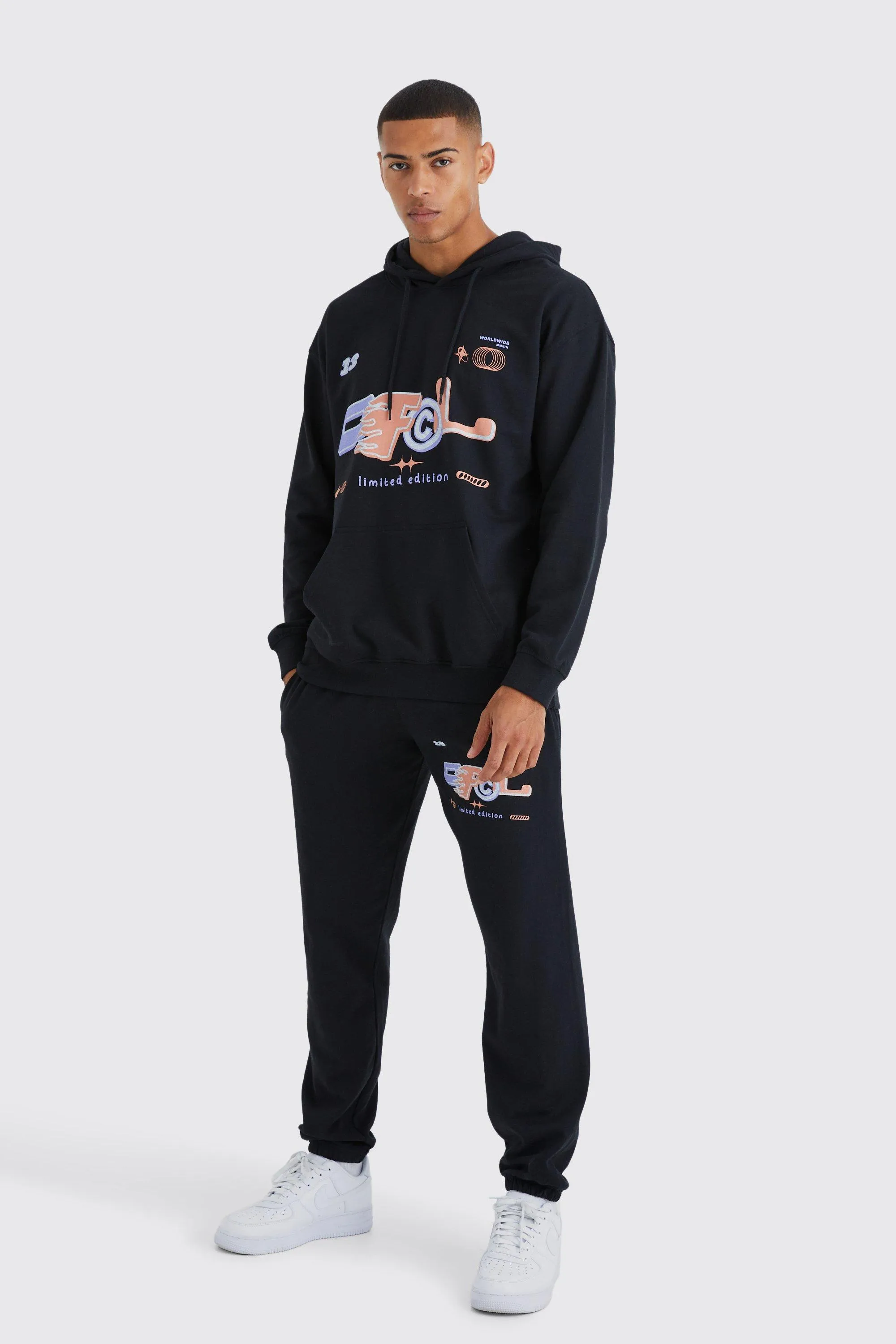 Oversized Ofcl Flames Print Hooded Tracksuit | boohooMAN UK