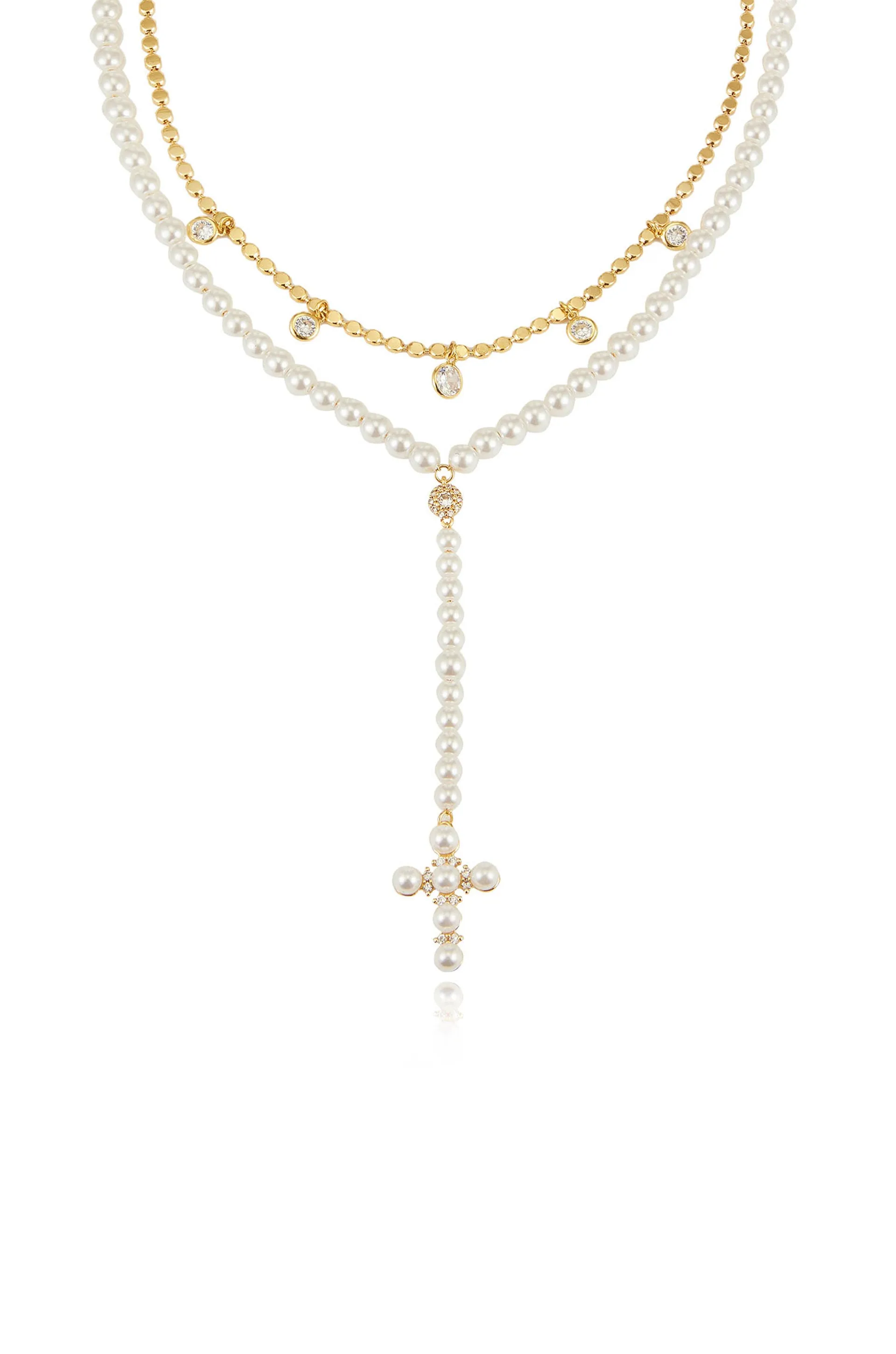 Pearl Cross Drop Lariat 18k Gold Plated Necklace Set