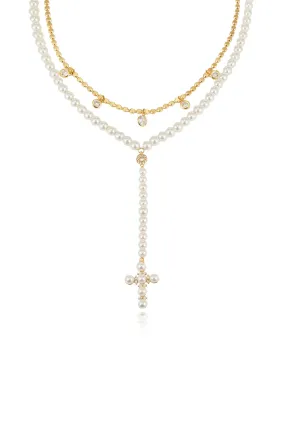 Pearl Cross Drop Lariat 18k Gold Plated Necklace Set