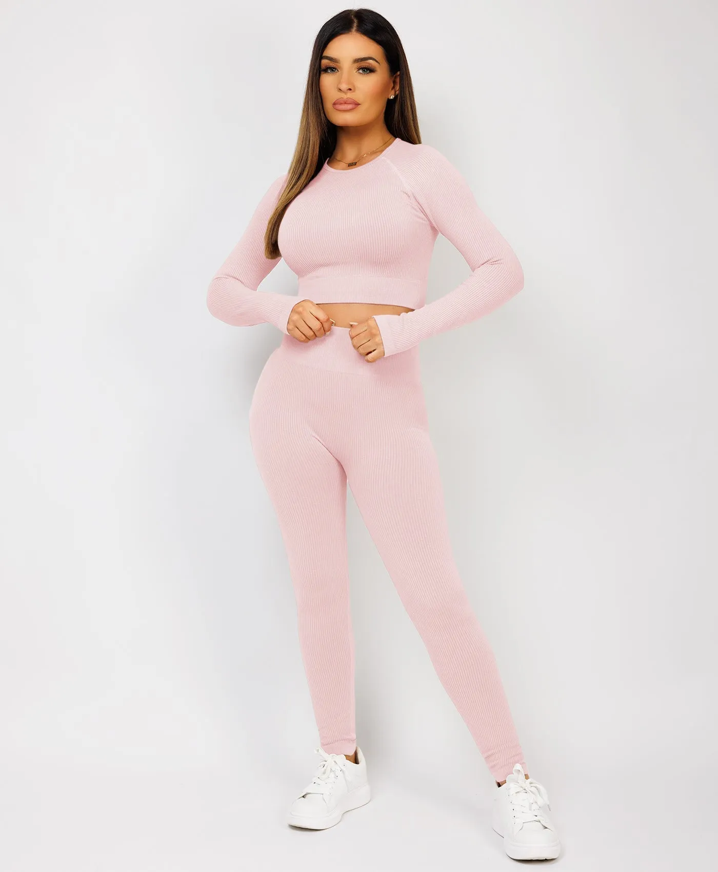 Pink Strechy Ribbed Cropped High Waist Tracksuit Set