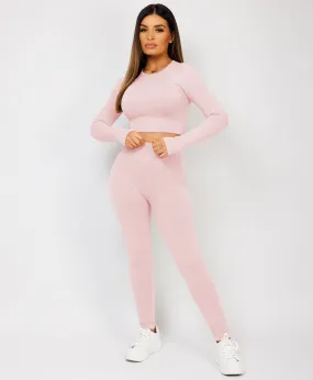 Pink Strechy Ribbed Cropped High Waist Tracksuit Set