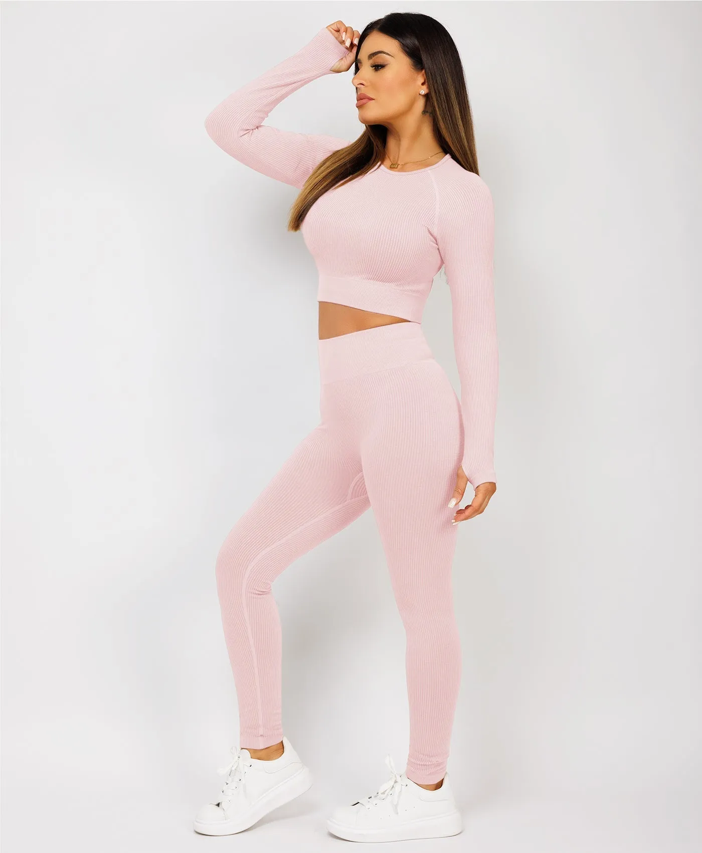 Pink Strechy Ribbed Cropped High Waist Tracksuit Set