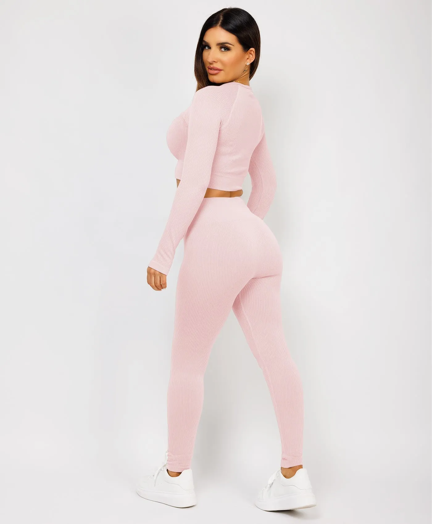 Pink Strechy Ribbed Cropped High Waist Tracksuit Set