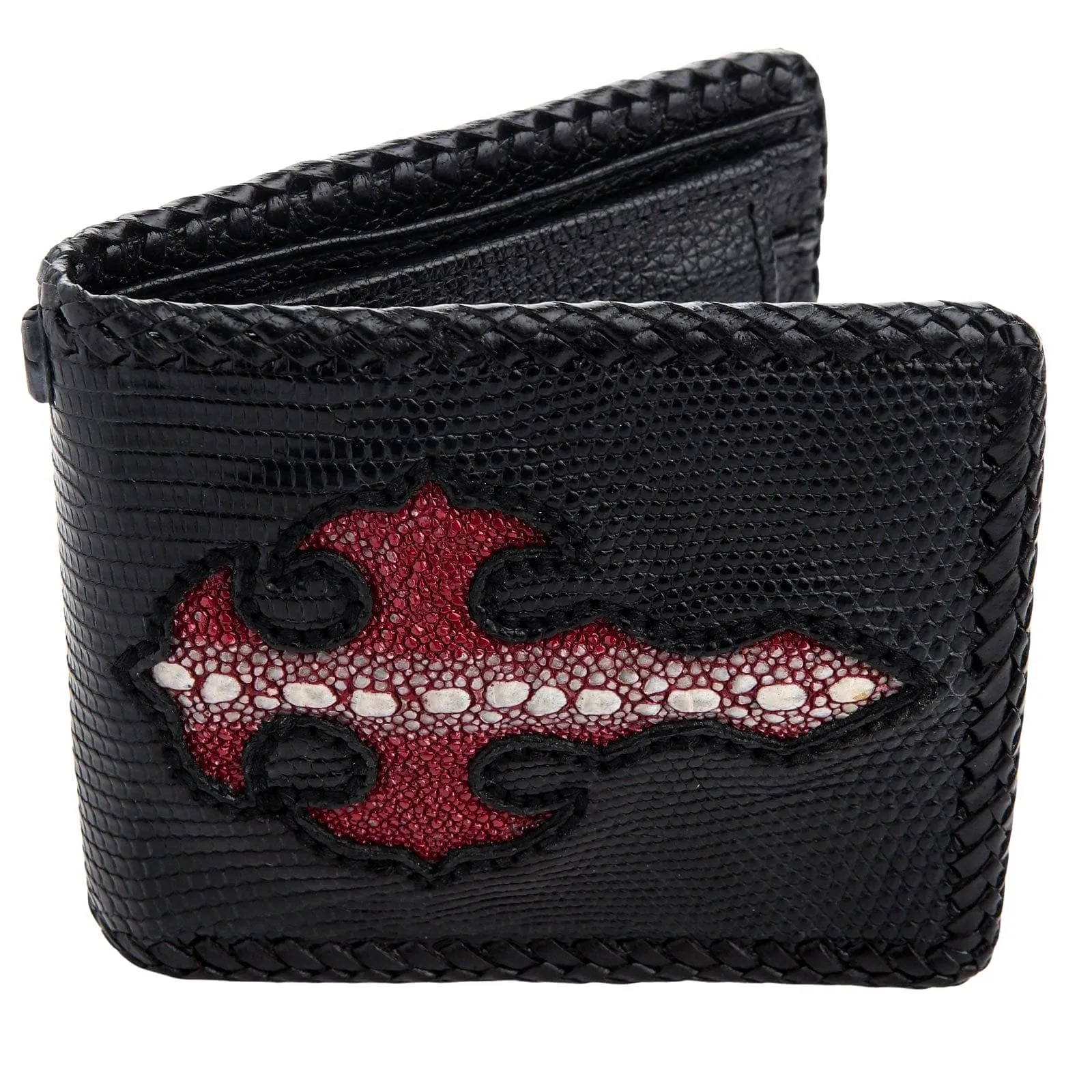 Red Stingray Cross Black Lizard Skin Leather Biker Wallet