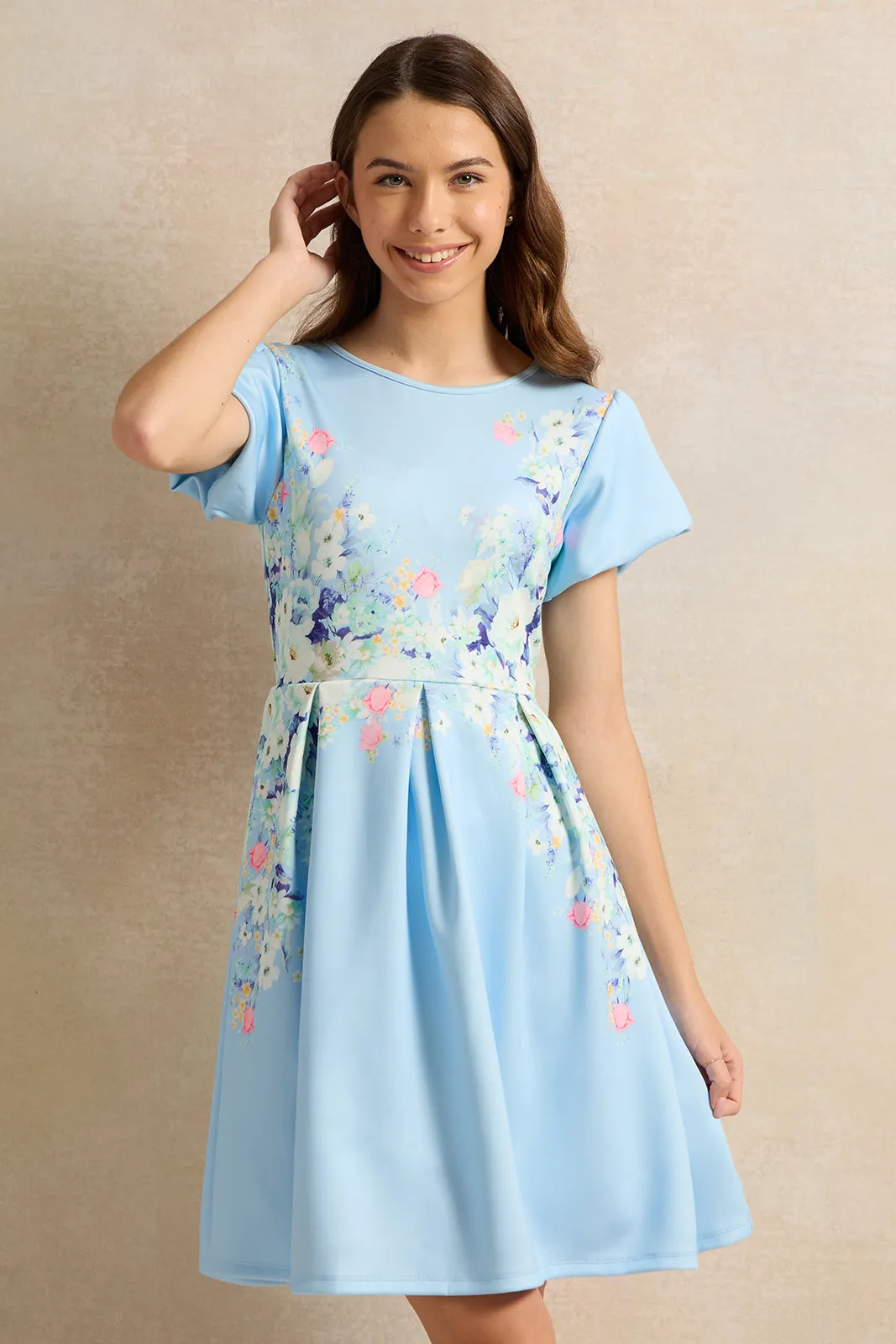 Senior Girls Blue Printed Dress