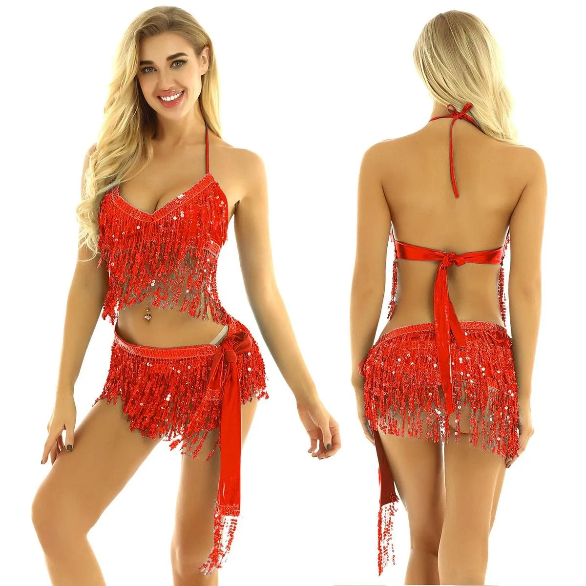 Shiny Sequins Tassels Carnival Rave Performance Belly Dance Costume