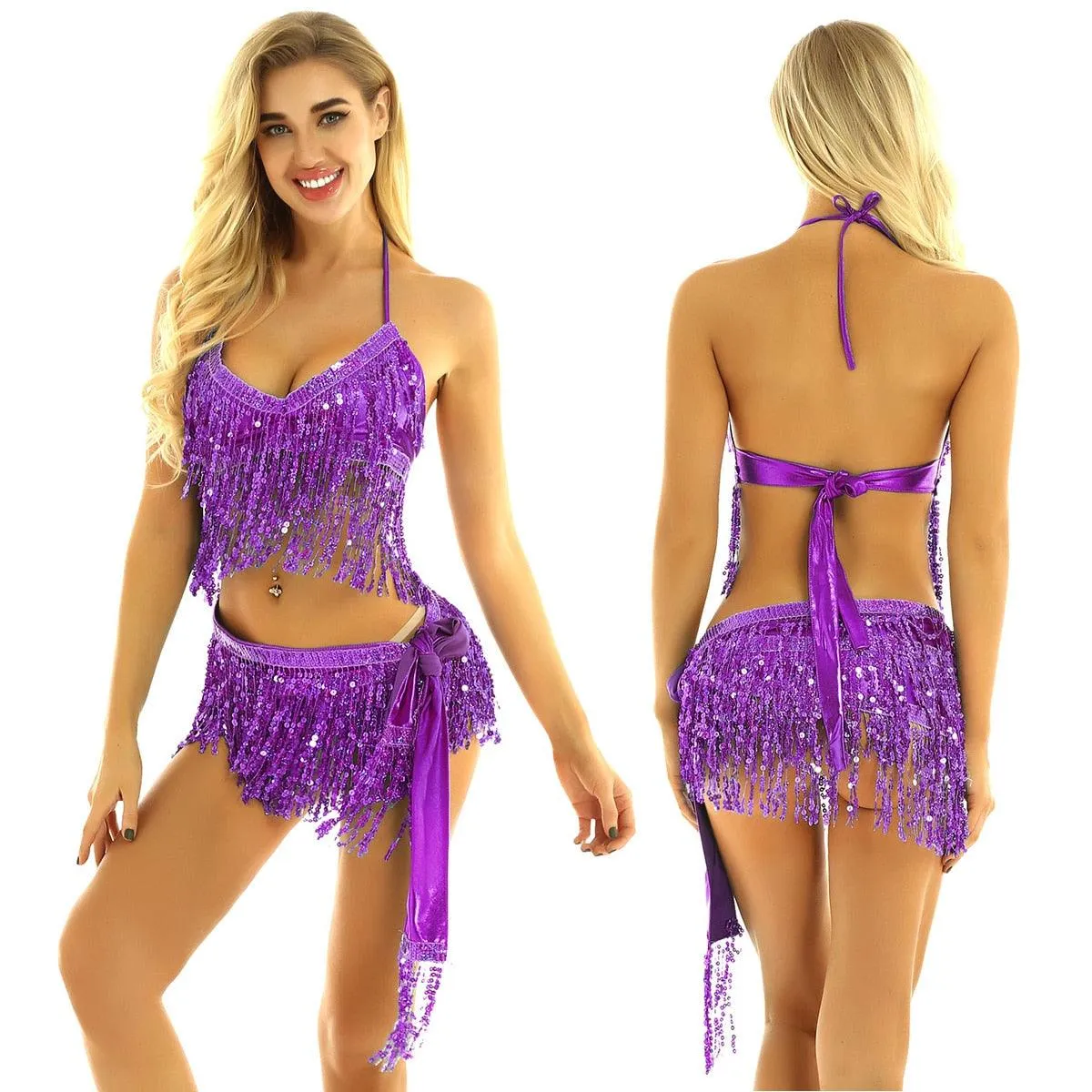 Shiny Sequins Tassels Carnival Rave Performance Belly Dance Costume