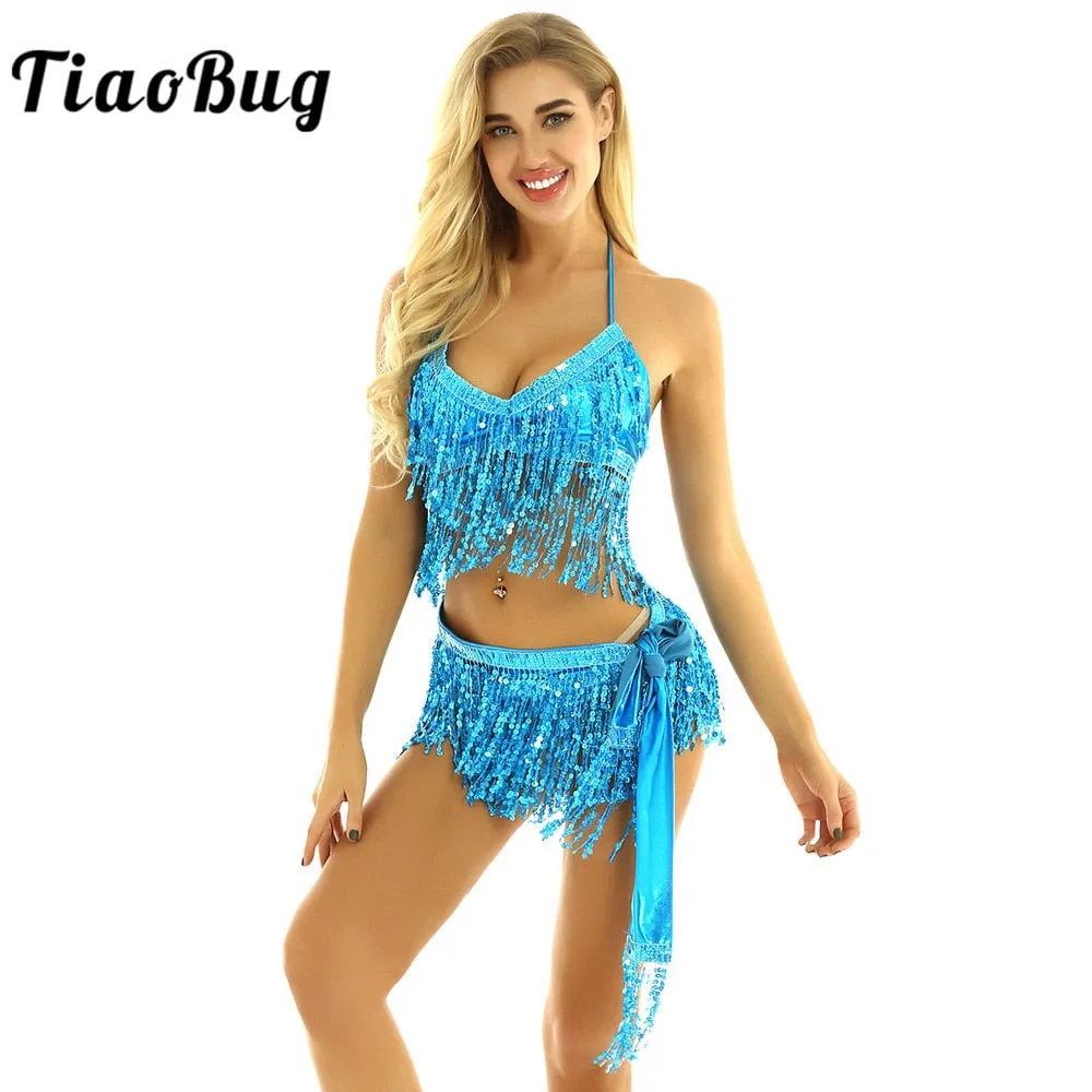 Shiny Sequins Tassels Carnival Rave Performance Belly Dance Costume