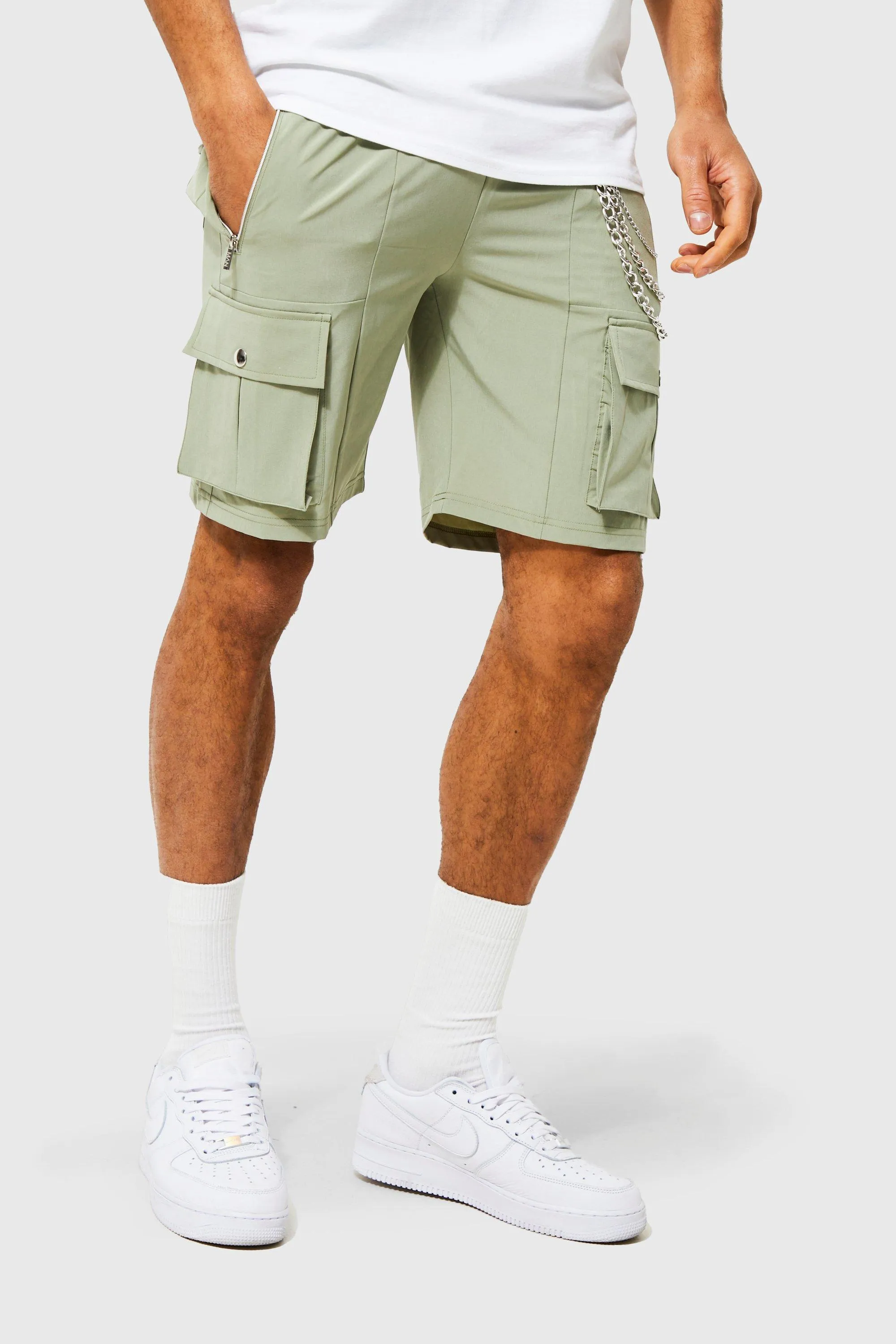 Slim Stretch Cargo Shorts With Chain