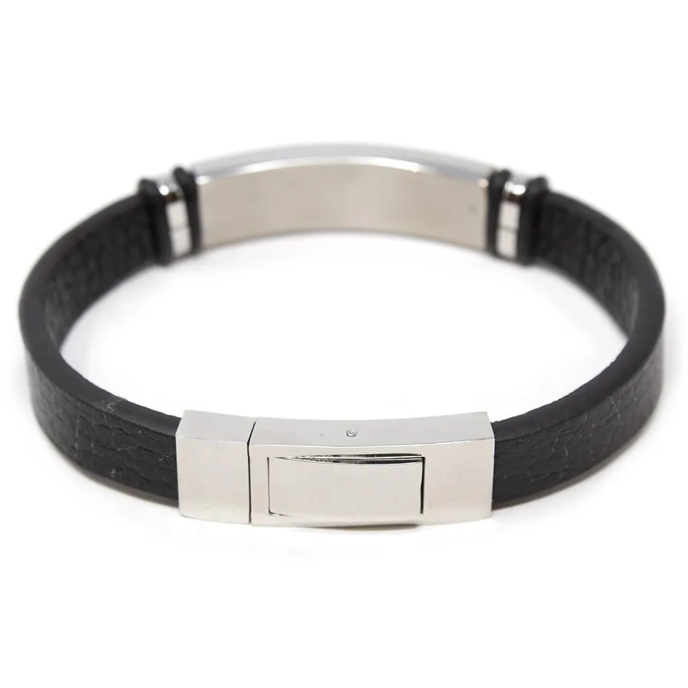 Stainless Steel Leather Bracelet W Fiber Station Black