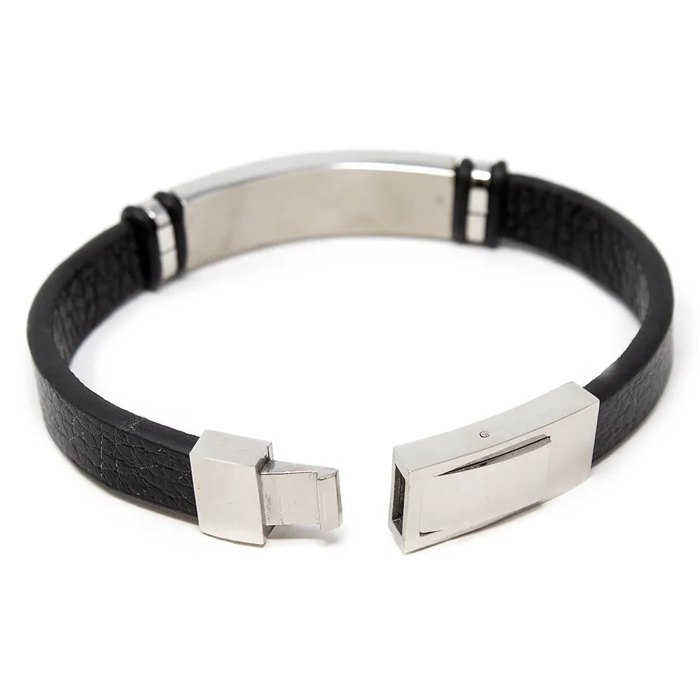 Stainless Steel Leather Bracelet W Fiber Station Black