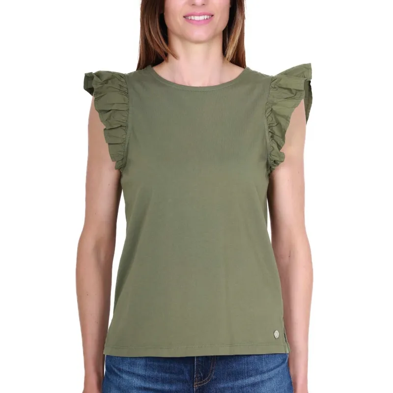 T-SHIRT DONNA GIROCOLLO IN JERSEY E POPELINE, VERDE