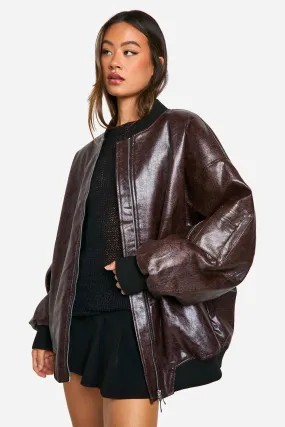 Tall Cracked Faux Leather Oversized Bomber Jacket