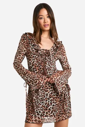 Tall Leopard Ruffle Tie Flared Sleeve Micro Mini Dress