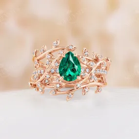 Teardop Lab Emerald Rose Gold Nature Inspired Twig Leaf Engagement Ring Set