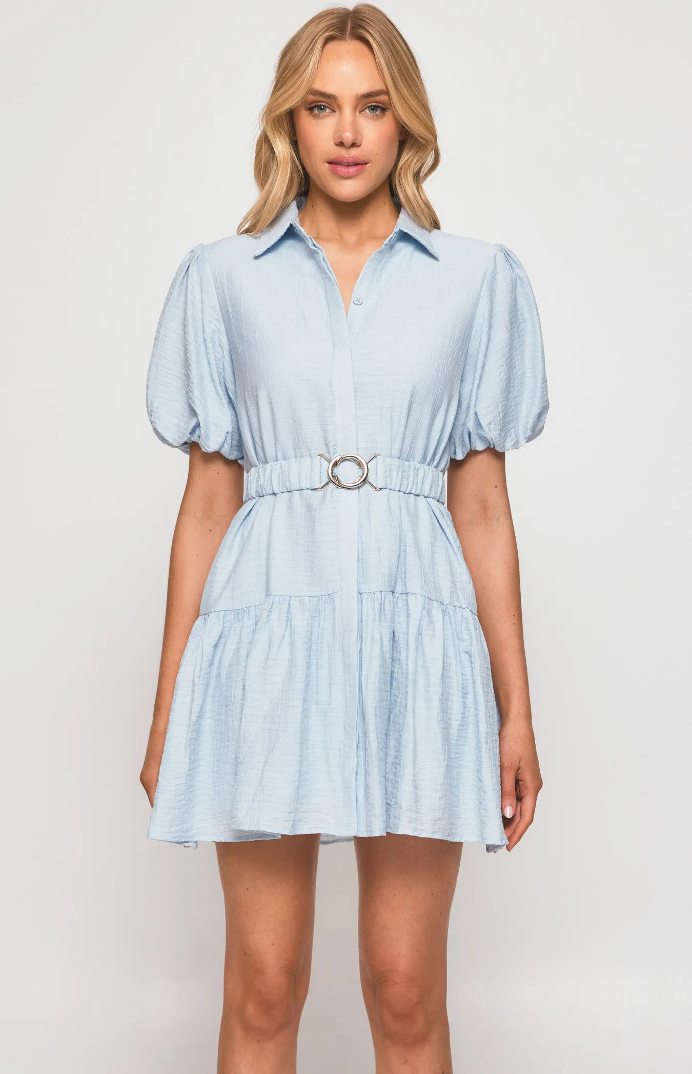 Textured Bubble Sleeve Shirt Dress with Metal Clasp Belt (SDR1310A)