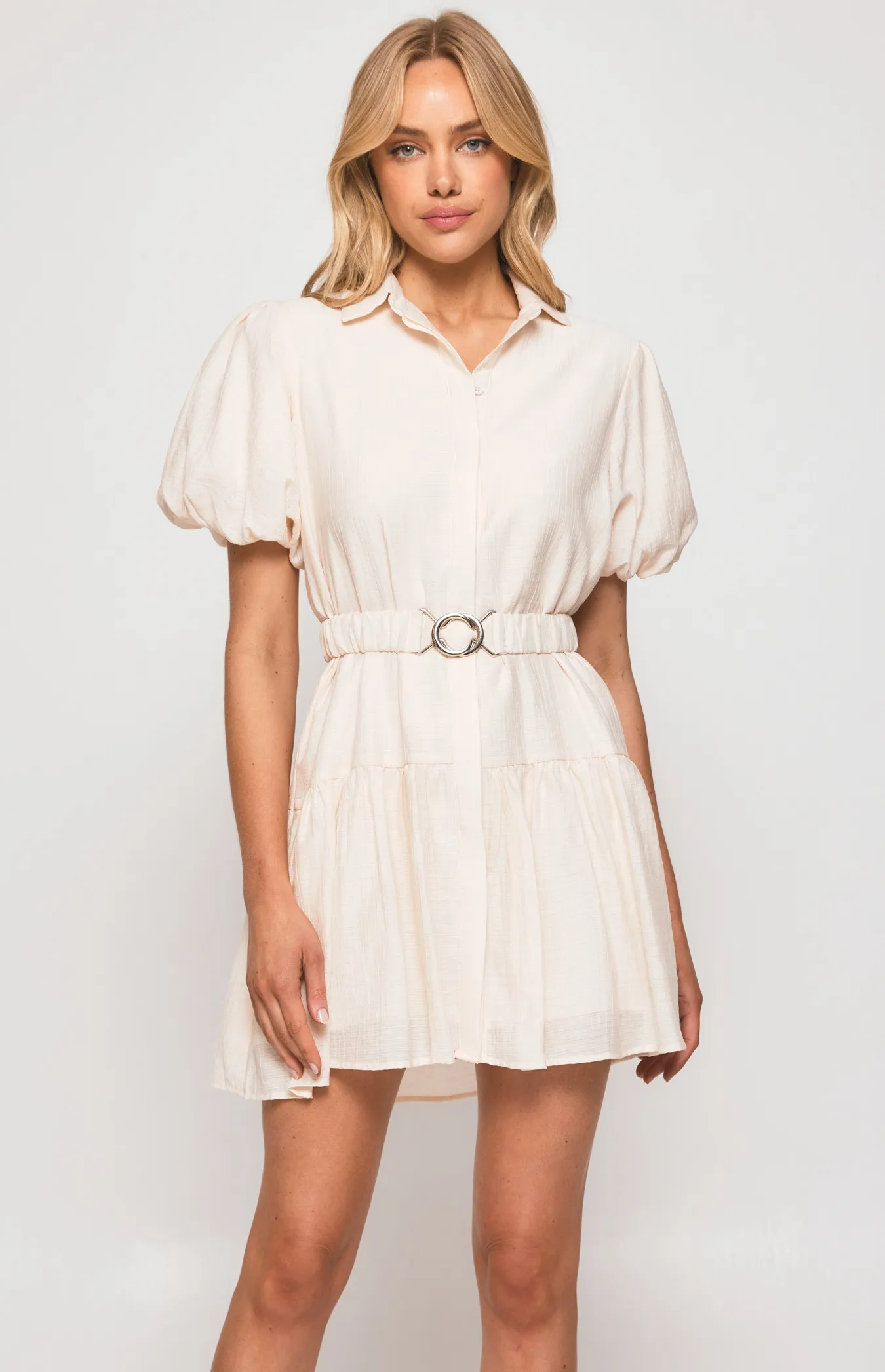 Textured Bubble Sleeve Shirt Dress with Metal Clasp Belt (SDR1310A)