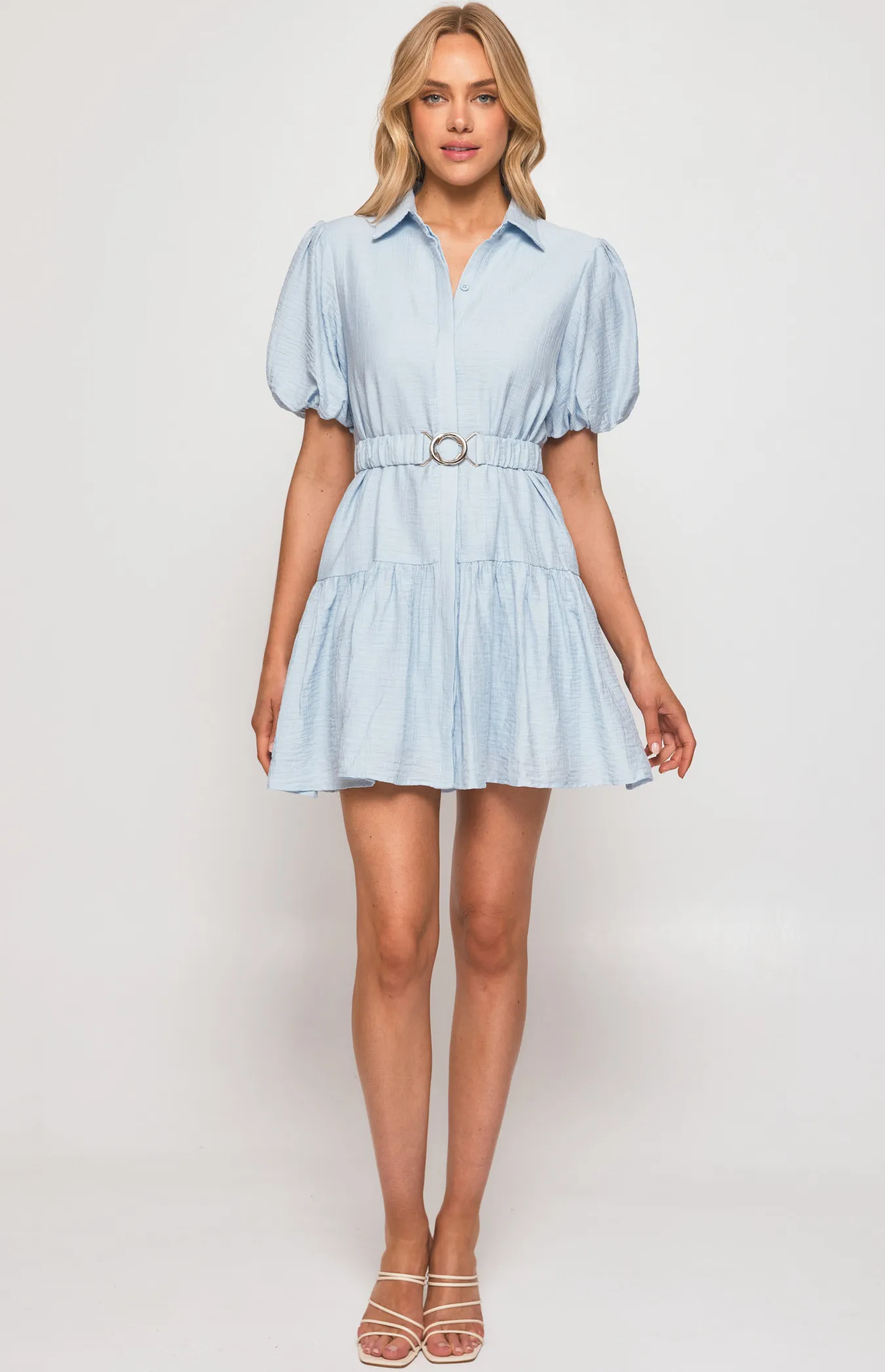 Textured Bubble Sleeve Shirt Dress with Metal Clasp Belt (SDR1310A)