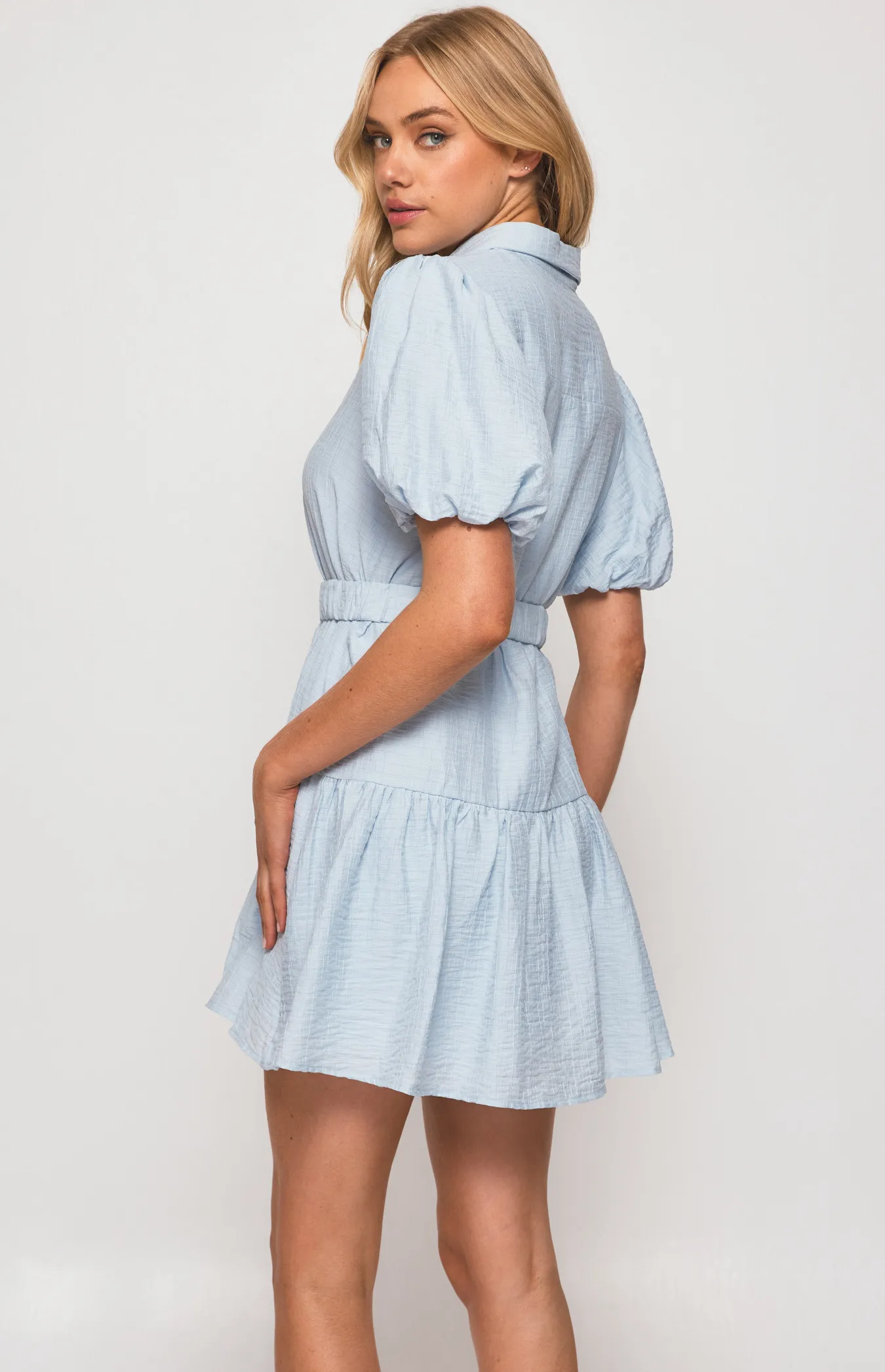 Textured Bubble Sleeve Shirt Dress with Metal Clasp Belt (SDR1310A)