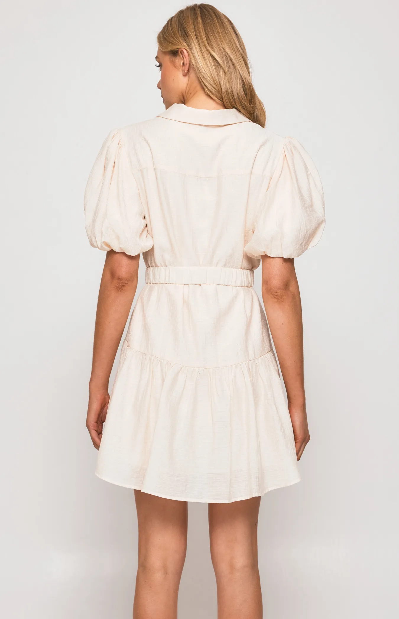 Textured Bubble Sleeve Shirt Dress with Metal Clasp Belt (SDR1310A)