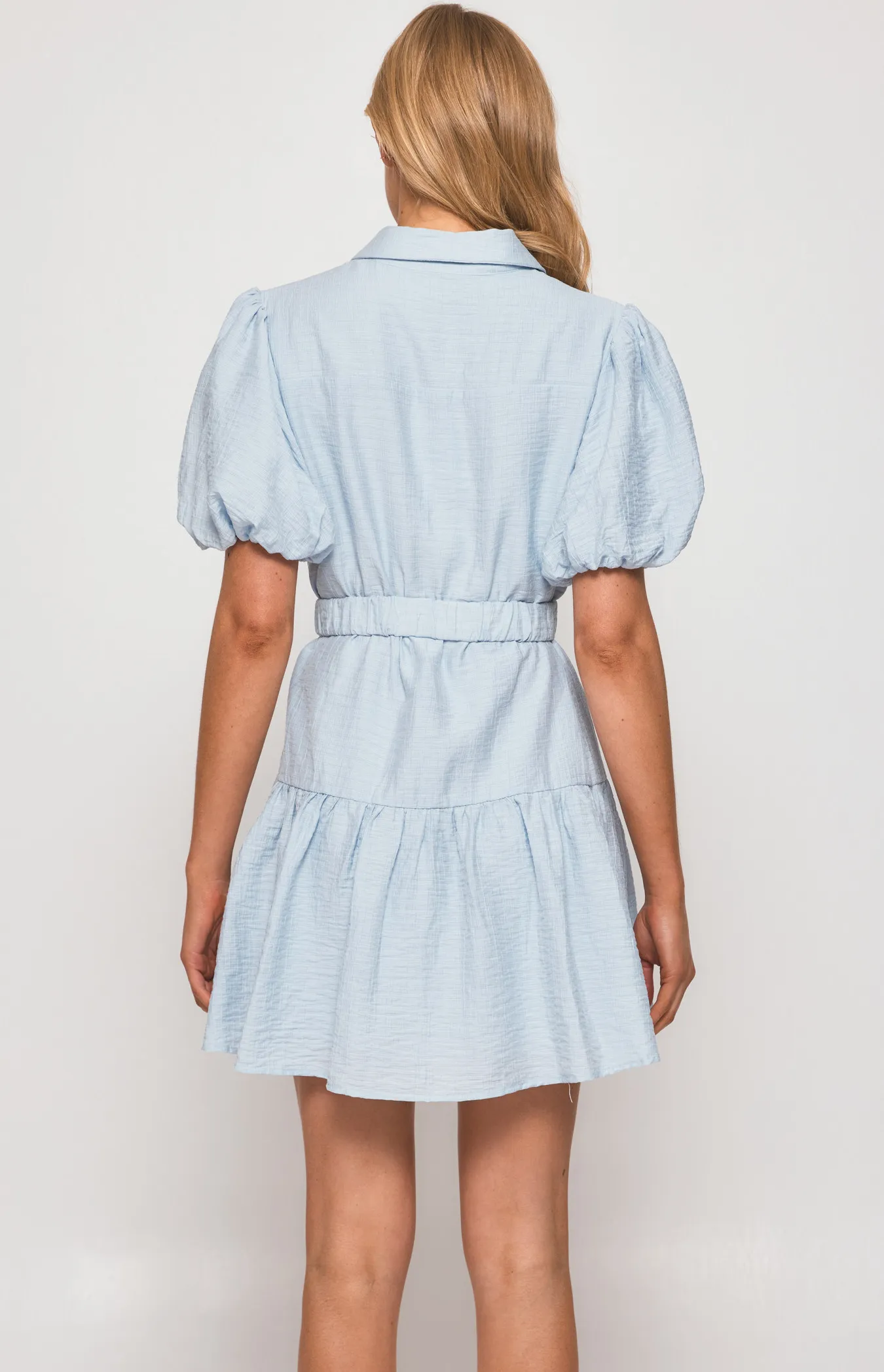 Textured Bubble Sleeve Shirt Dress with Metal Clasp Belt (SDR1310A)