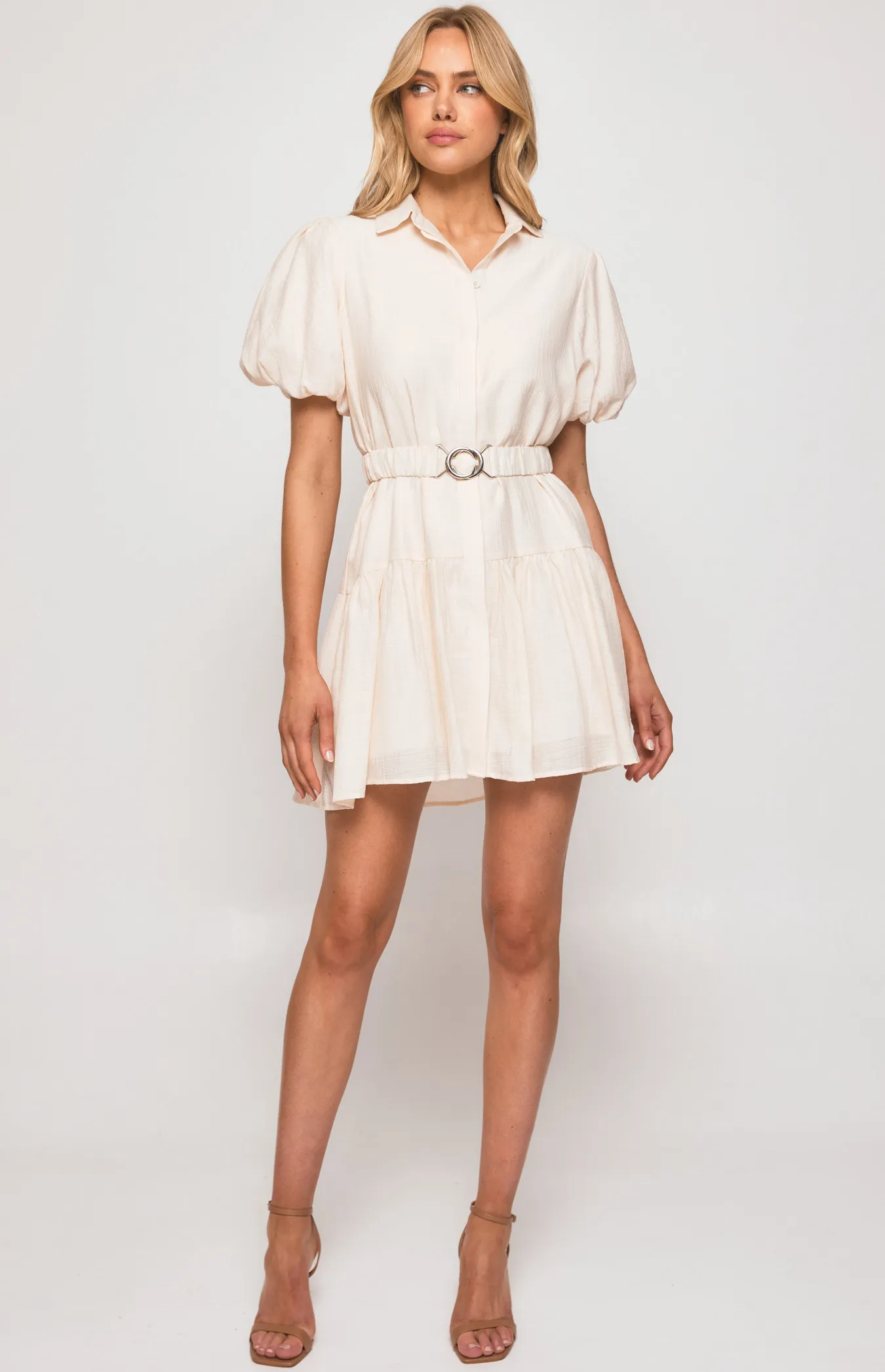 Textured Bubble Sleeve Shirt Dress with Metal Clasp Belt (SDR1310A)