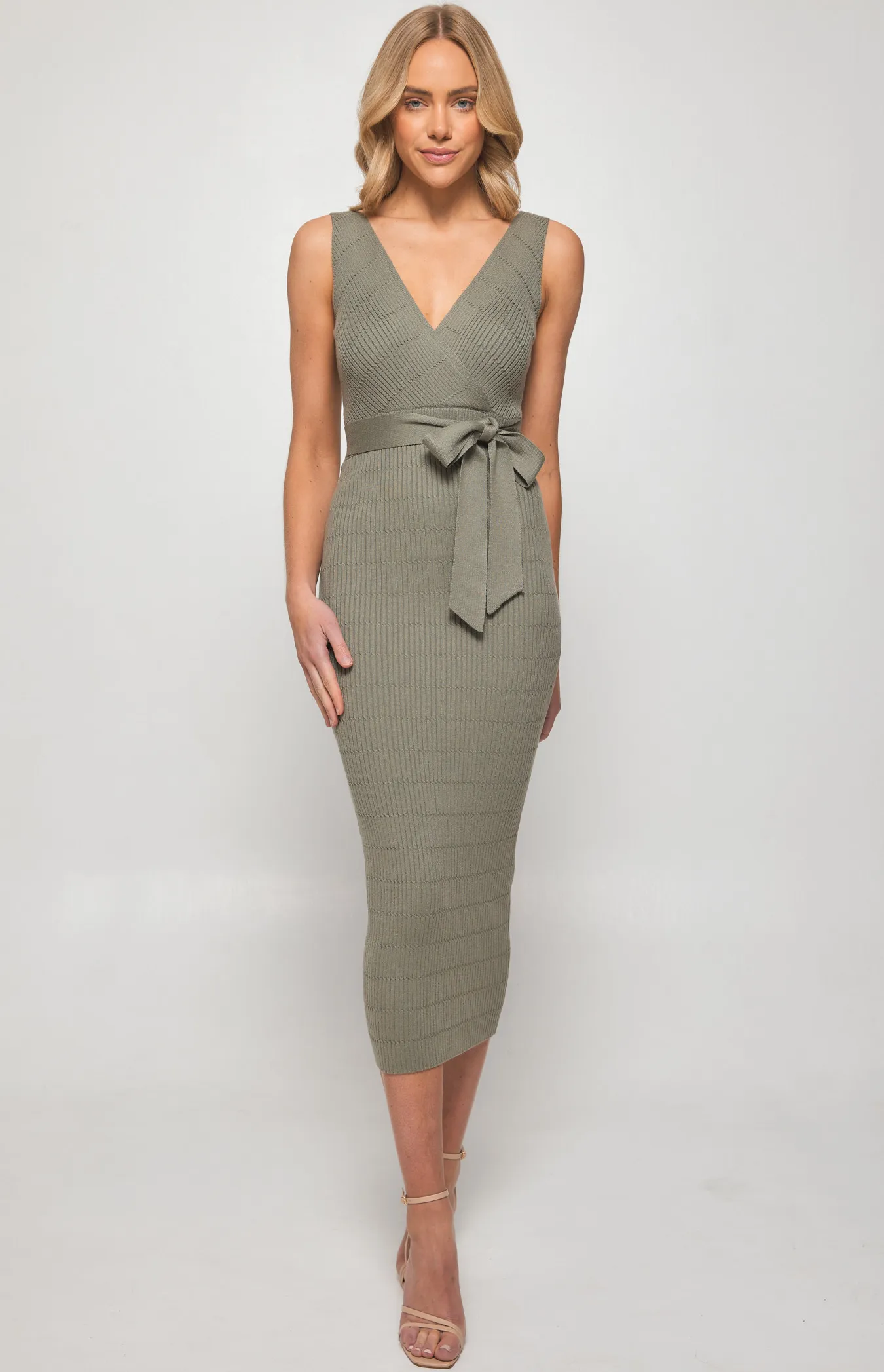 Textured Knit Midi Dress with Tie Belt (SKN660)